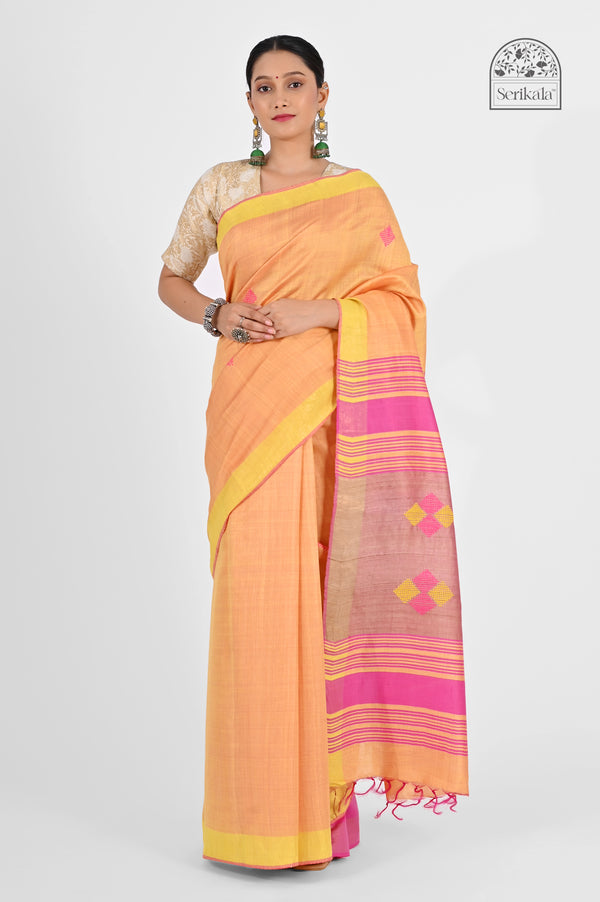 Peach Eri Silk Saree with Pink Tussar Pallu | Handloom Indian Saree - Serikala