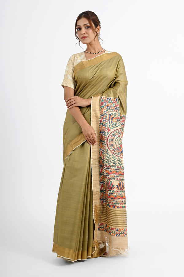 Elegant Olive Green Eri Silk Saree with Hand-Painted Madhubani Art