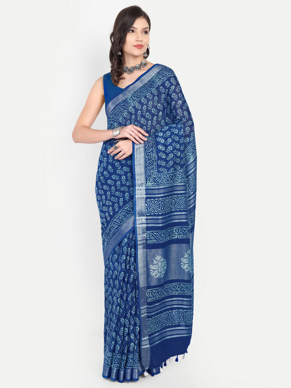 Classic Indigo Blue Block Print Cotton Saree