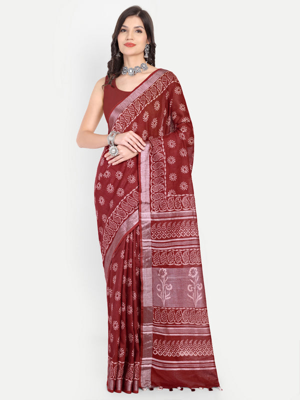 Rich Maroon Block Print Cotton Saree