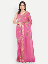 Vibrant Rani Pink Kota Linen Saree with Gold Zari & Embroidery