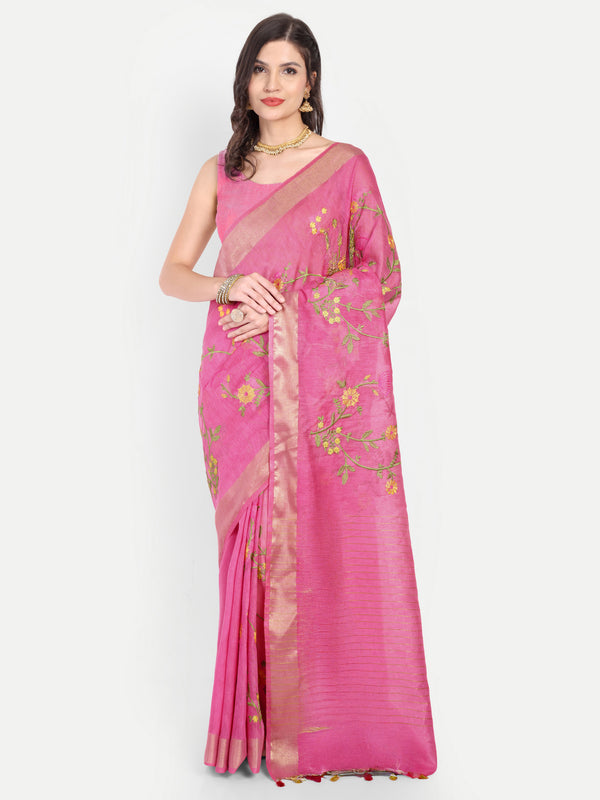 Vibrant Rani Pink Kota Linen Saree with Gold Zari & Embroidery