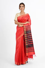 Bold Red Dupion Silk Saree with Black & Blue Striped Aanchal