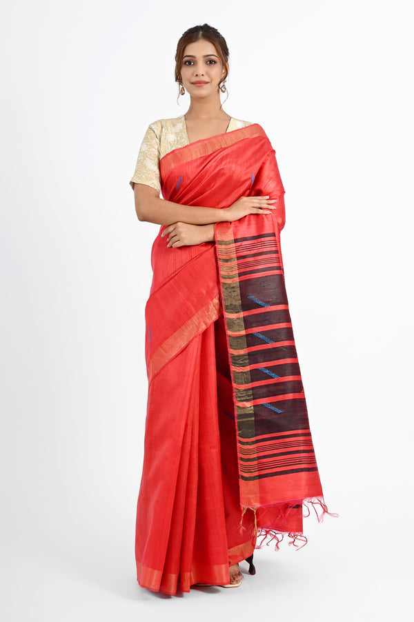 Bold Red Dupion Silk Saree with Black & Blue Striped Aanchal