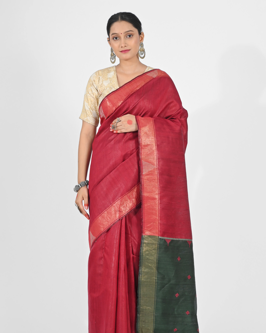 MAROON DUPION SILK SAREE WITH GREEN PALLU