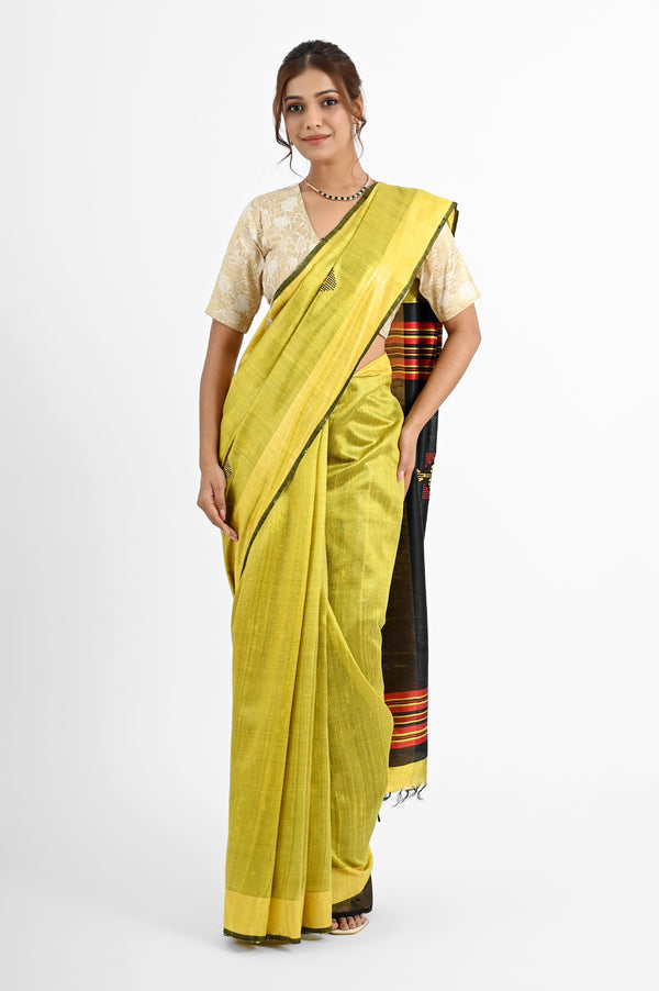 Striking Yellow Dupion Silk Saree with Black & Red Aanchal
