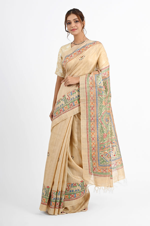 Artistic Beige Tussar Silk Saree with Hand-Painted Madhubani Art