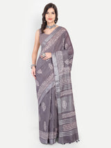 Elegant Grey Block Print Cotton Saree