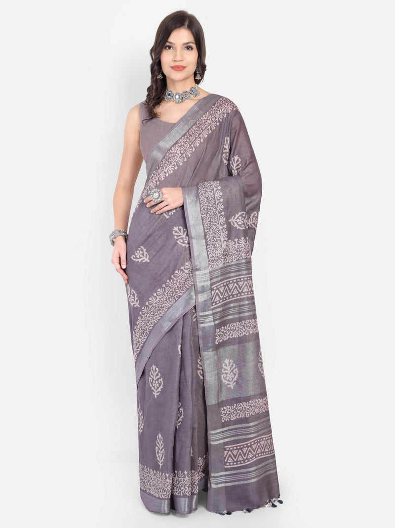 Elegant Grey Block Print Cotton Saree