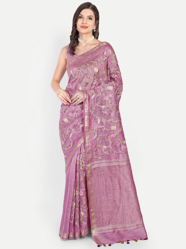 Elegant Dusty Pink Linen Saree with Floral Jaal Embroidery