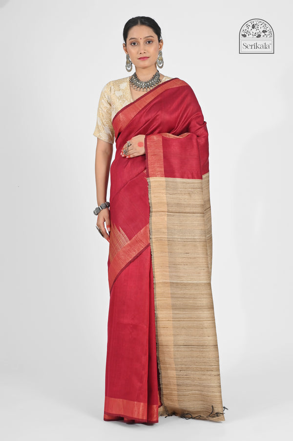 Ruby Red Dupion Silk Saree with Beige Tussar Pallu | Handloom Indian Saree