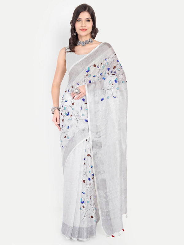 Elegant White & Grey Linen Saree with Embroidery