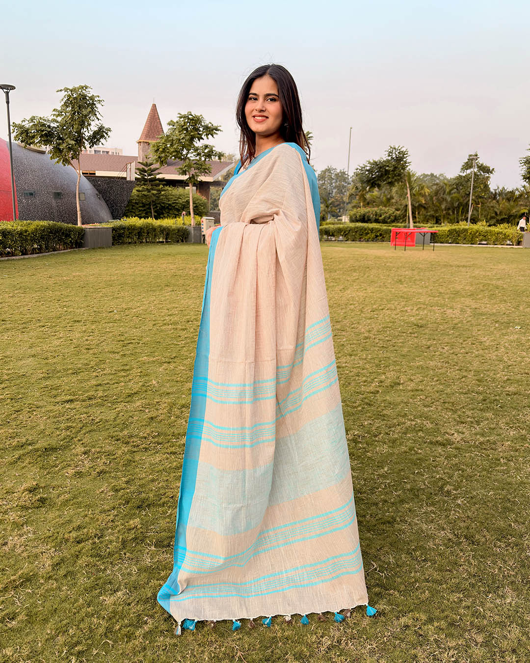 BEIGE & SKY BLUE COTTON SLUB SAREE