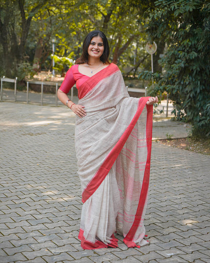 OFF WHITE & RED COTTON SLUB SAREE
