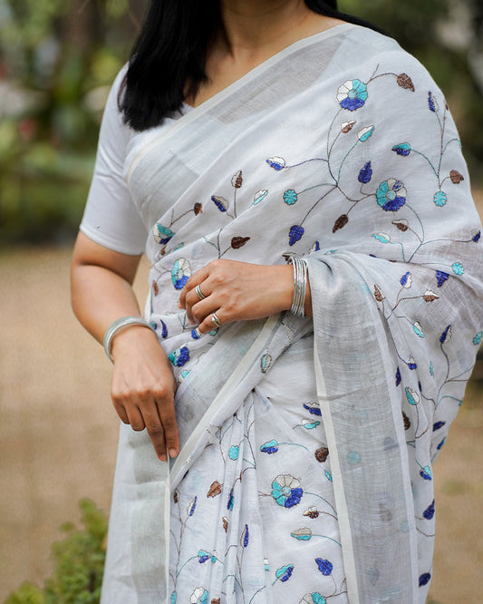 SILVER MIST GREY EMBROIDERED LINEN SAREE