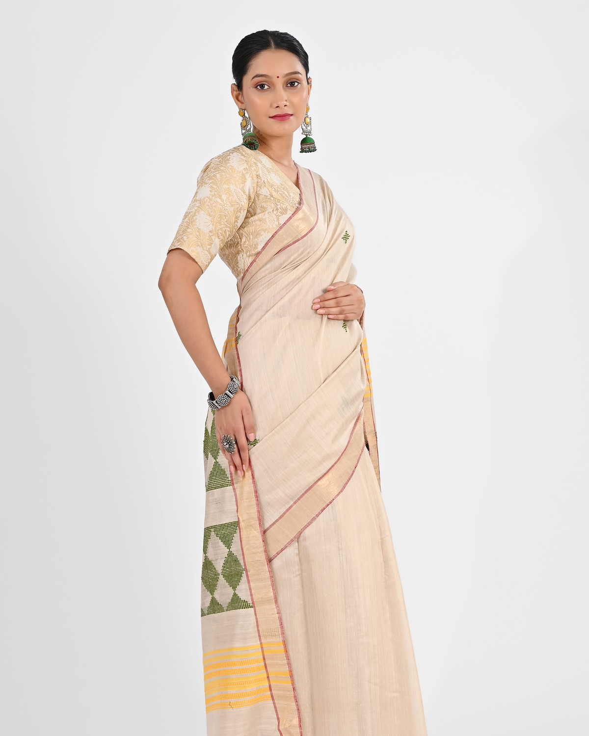 CREAM MUGA SILK SAREE WITH MADHUBANI ART