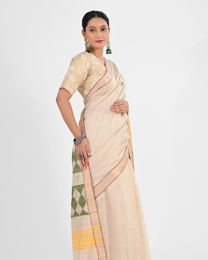 CREAM MUGA SILK SAREE WITH MADHUBANI ART