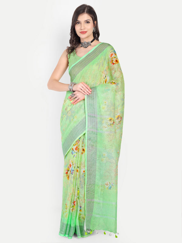 Fresh Lime Green Floral Digital Print Linen Saree