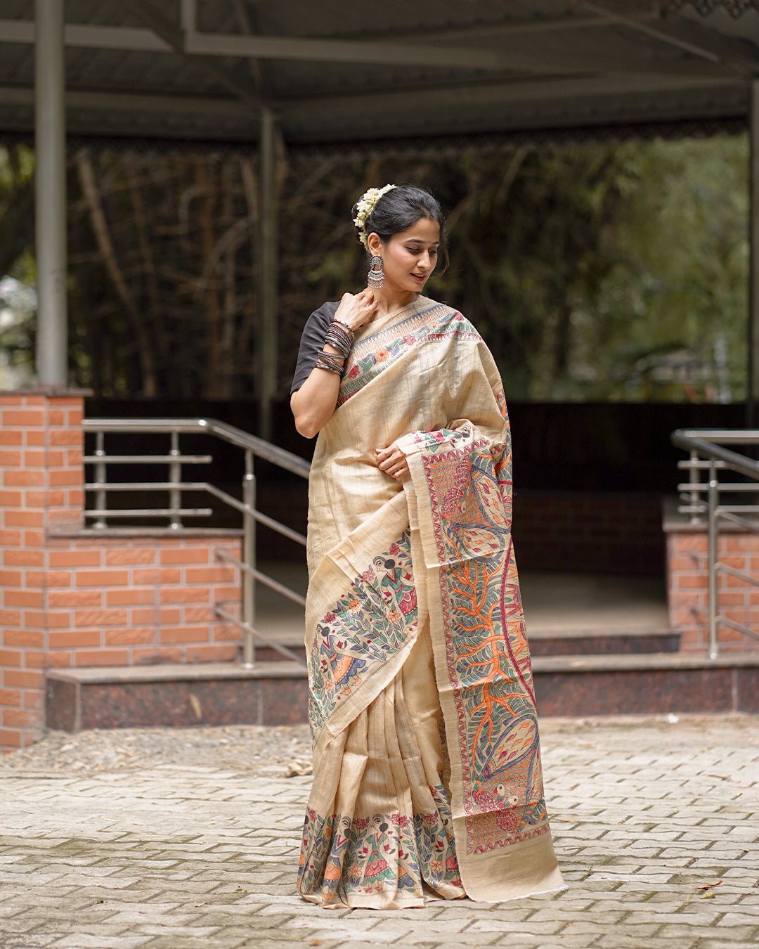 BEIGE TRIBAL GHICHA SILK SAREE