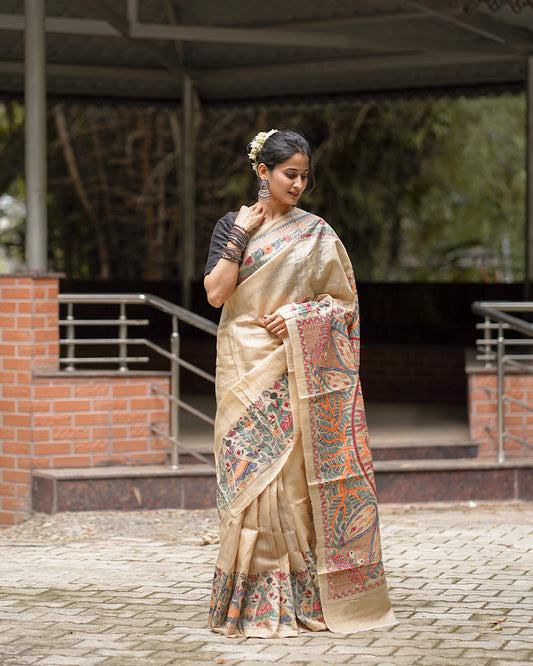 BEIGE TRIBAL GHICHA SILK SAREE