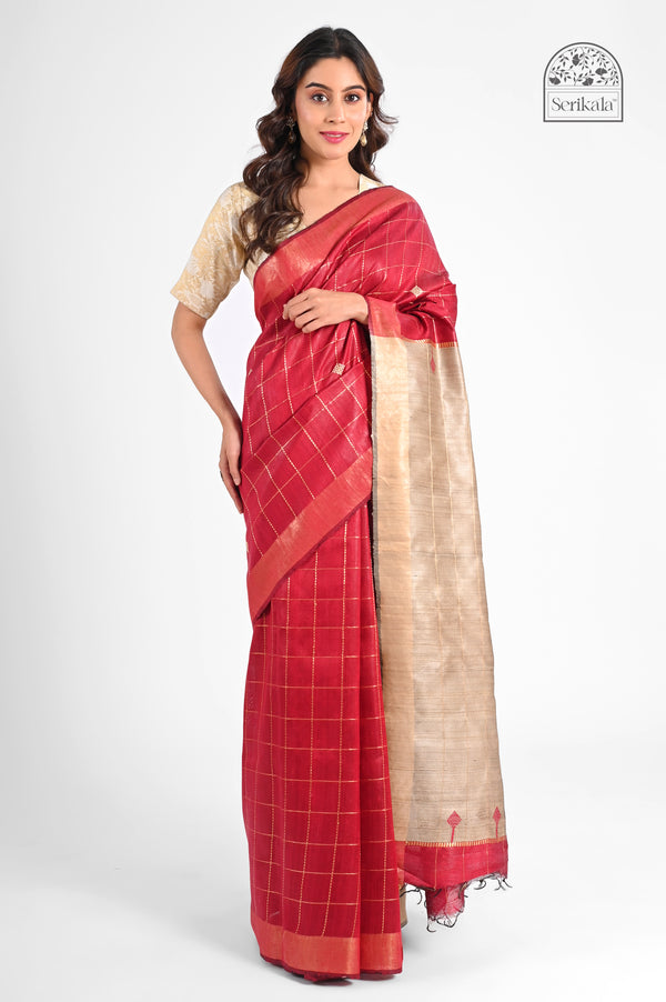 Red Dupion Silk Saree with Golden Check & Tussar Pallu