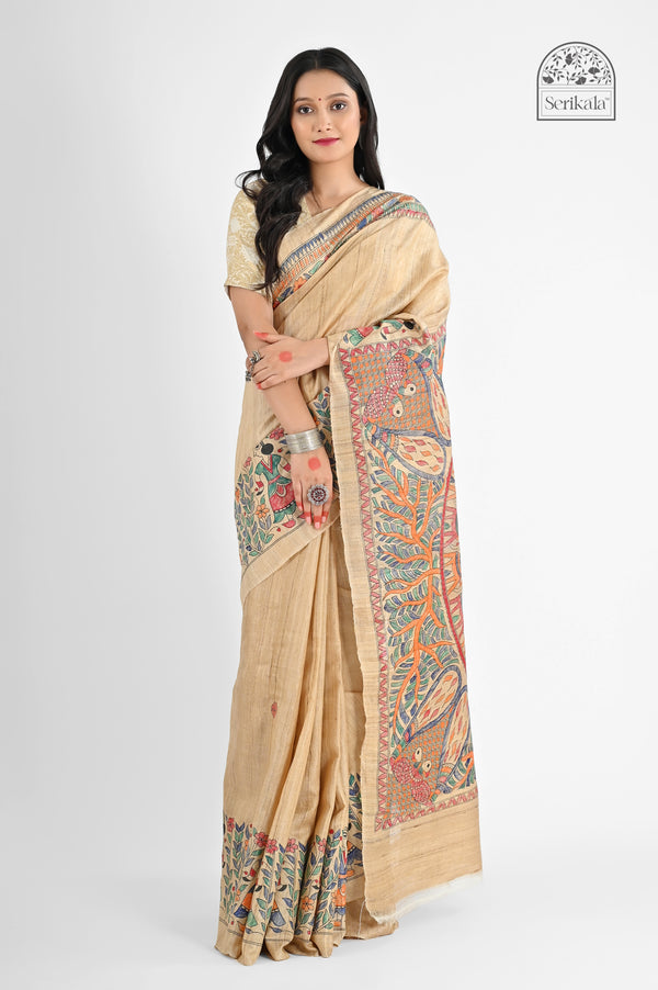 Exquisite Beige Desi Tussar Silk Saree with Hand-Painted Madhubani Art | Authentic Handloom - Serikala