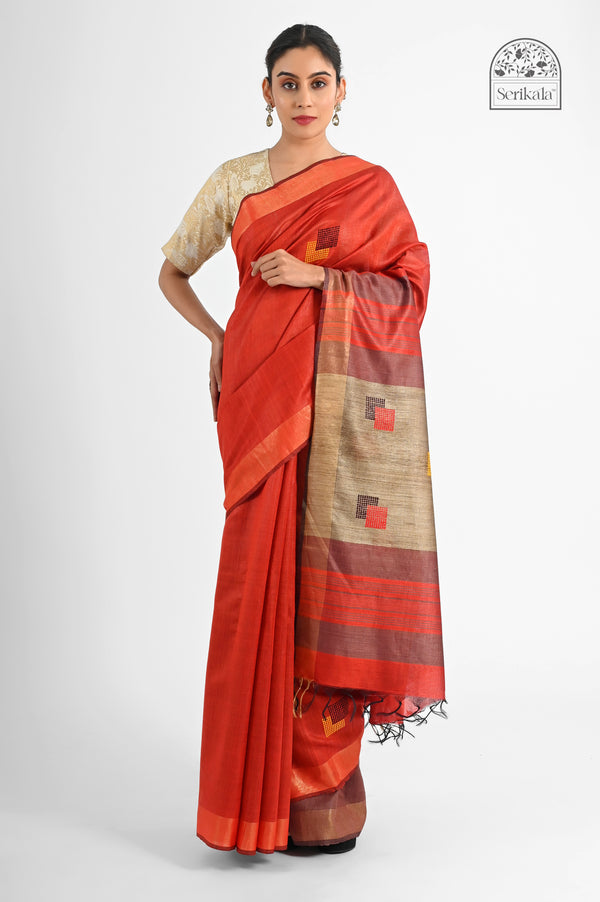 Rust Eri Silk Saree with Handwoven Tussar Pallu – Minimalist Elegance with Geometric Charm