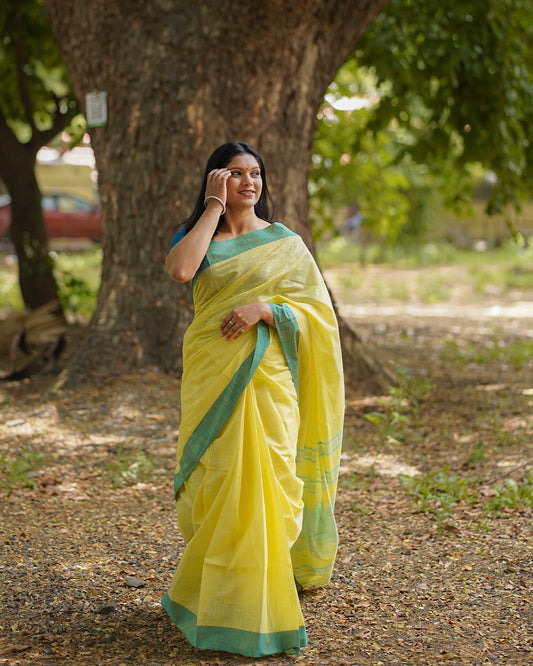 YELLOW BLUE COTTON SAREE
