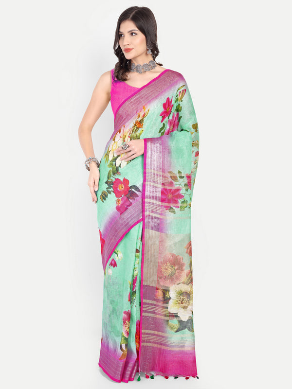 Vibrant Sea Green & Rani Pink Digital Print Linen Saree