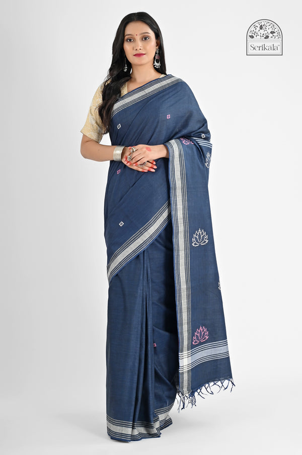 Elegant Indigo Blue Pure Cotton Saree with Bawan Buta Work | Handloom Daily Wear - Serikala