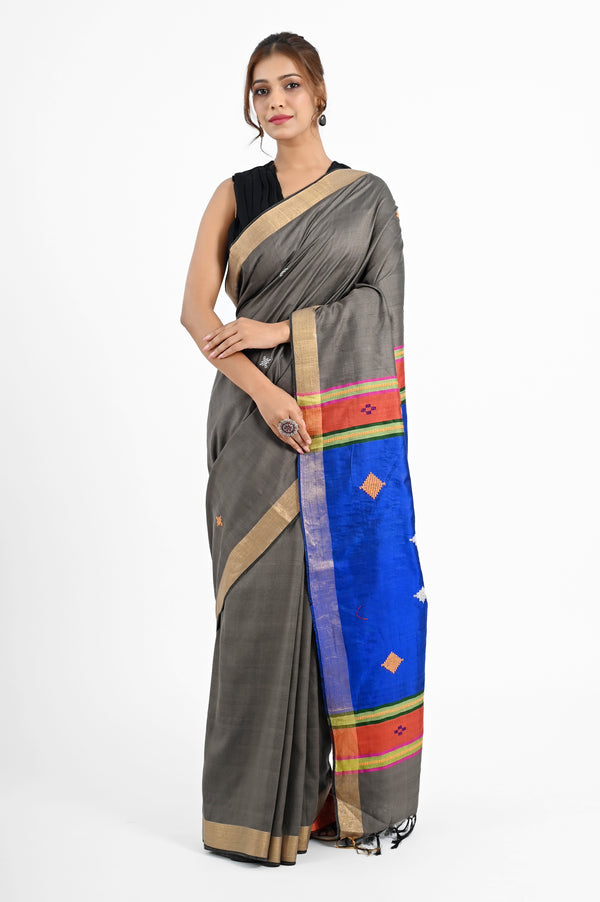 Grey Eri Silk Saree with Bawan Buta Dupion Aanchal