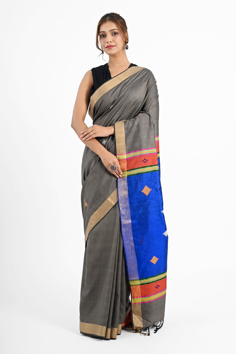 Grey Eri Silk Saree with Bawan Buta Dupion Aanchal