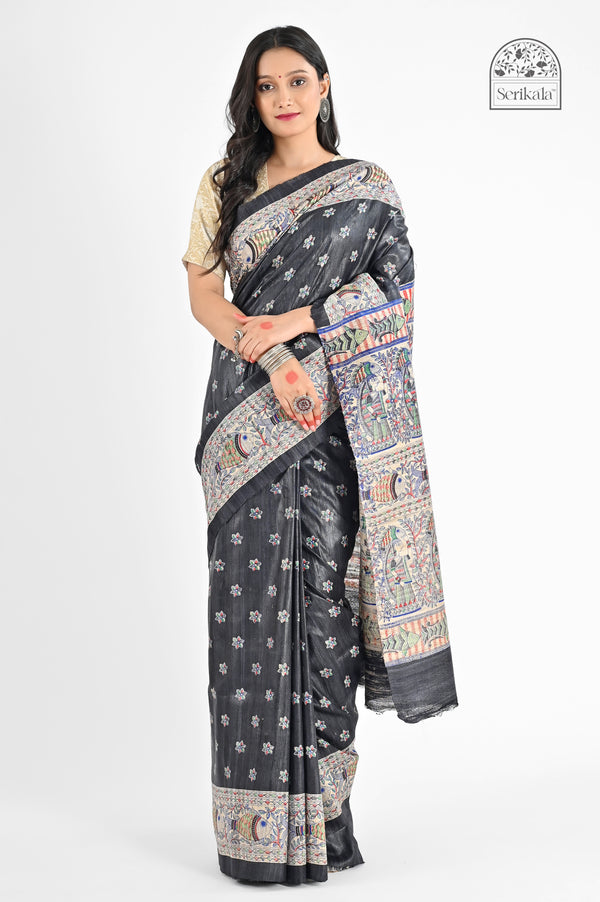 Black Ghicha Silk Saree with Madhubani Art Screen Print | Handloom Ethnic Wear