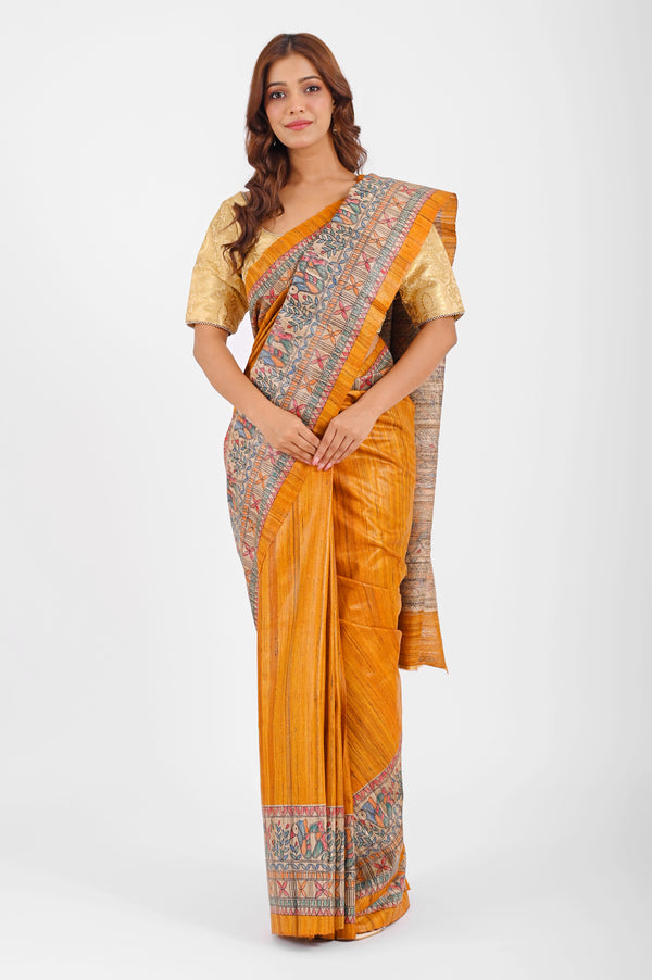 Artistic Mustard Ghicha Silk Saree with Hand-Painted Madhubani Art