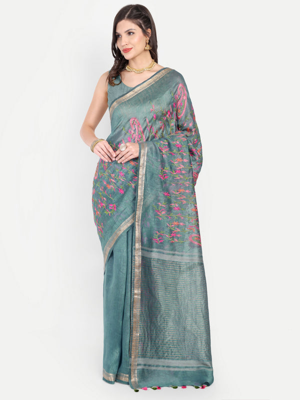 Elegant Dusty Teal Tussar Linen Saree with Floral Embroidery