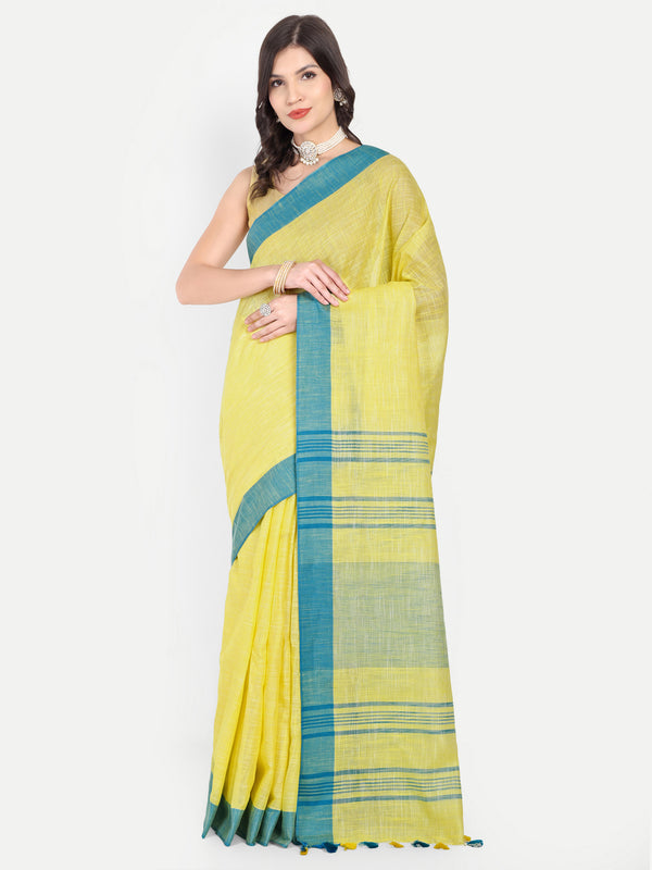 Vibrant Yellow & Blue Striped Cotton Saree