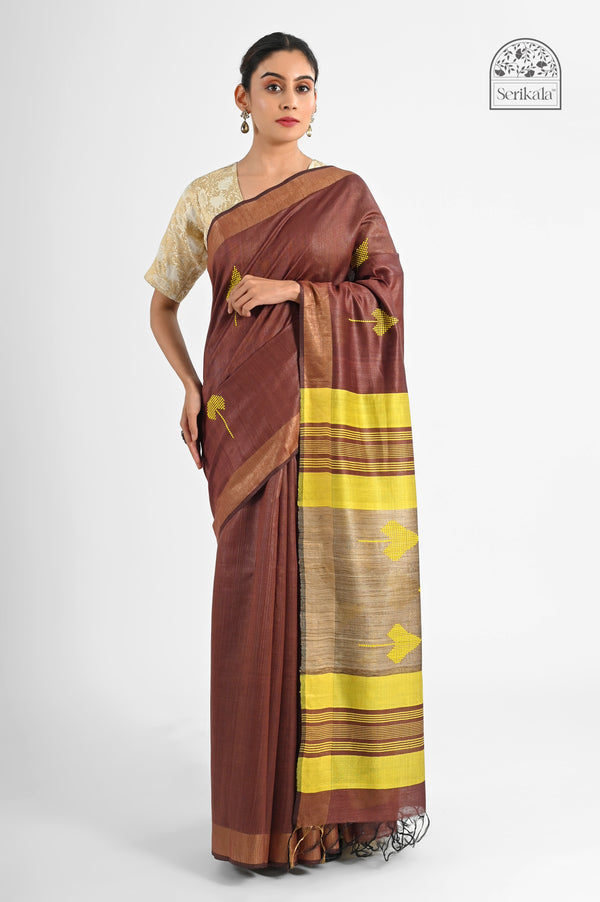 Handloom Brown Eri Silk Saree with Yellow Tussar Pallu | Traditional Indian Saree