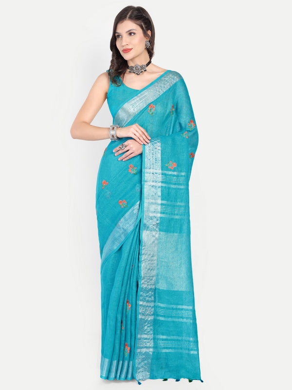 Vibrant Turquoise Blue Linen Saree with Floral Embroidery