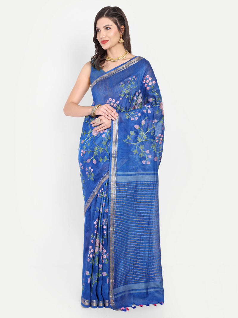 Exquisite Royal Blue Linen Saree with Pink Floral Embroidery