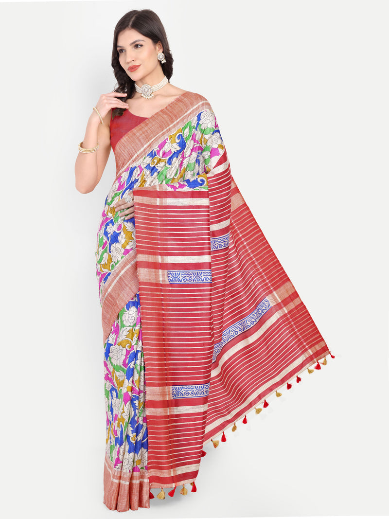Artistic Hand-Painted Ghicha Silk Saree with Striped Pallu