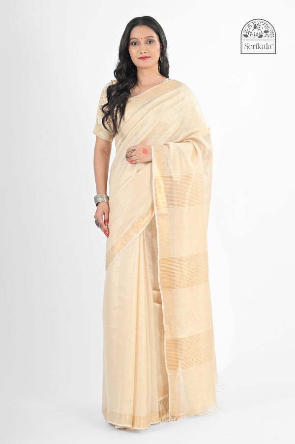 Elegant Cream Muga Silk Saree with Gold Zari Subtle Stripes | Handloom Indian Saree