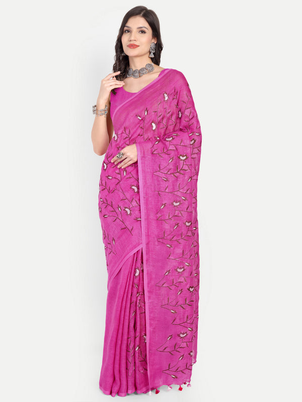 Exquisite Rani Pink Linen Saree with Floral Jaal Embroidery
