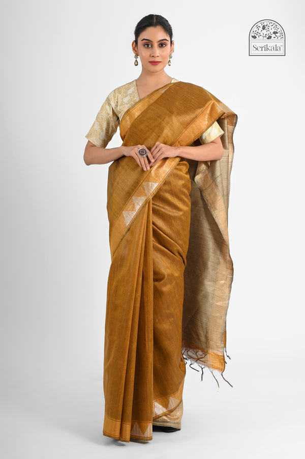 Exquisite Golden Mustard & Beige Dupion Tussar Silk Saree - Handloom Indian Saree