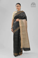 Black & Beige Dupion Tussar Silk Saree with Geometric Weave | Handloom Elegance
