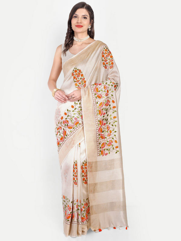 Elegant Off-White Modal Silk Saree with Floral Embroidery
