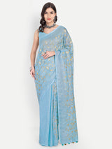 Serene Sky Blue Linen Saree with Golden Floral Embroidery