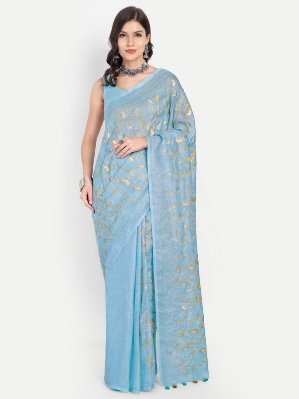 Serene Sky Blue Linen Saree with Golden Floral Embroidery