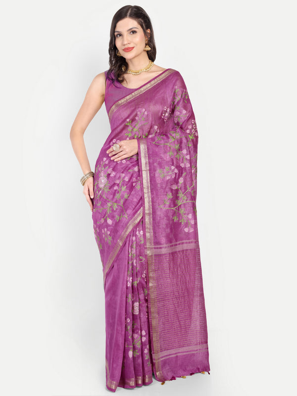 Regal Orchid Purple Linen Saree with Floral Embroidery