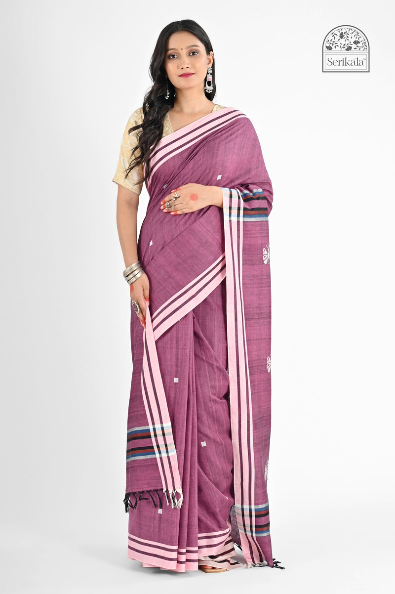Stylish Plum Pink Pure Cotton Saree with Bawan Buta Work | Handloom Daily Wear - Serikala