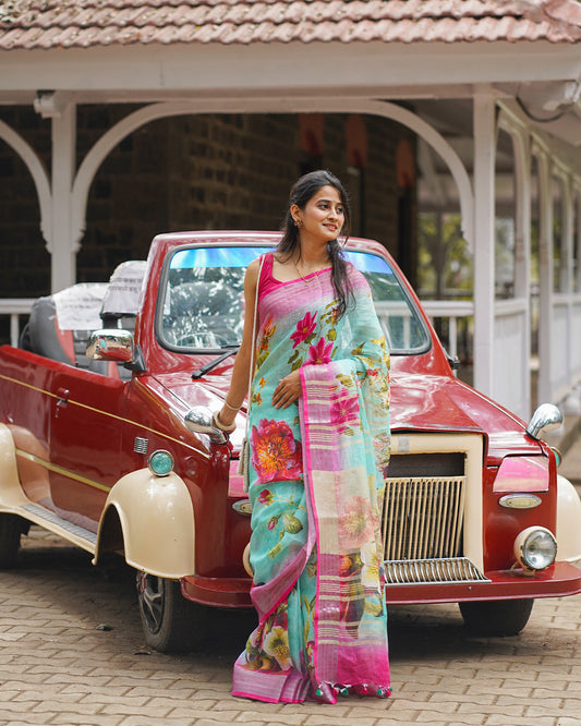 SEA GREEN RANI PINK LINEN SAREE